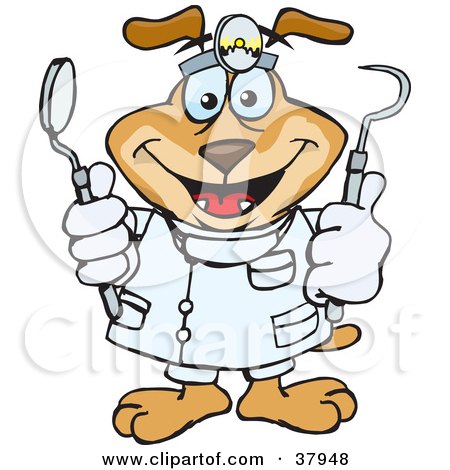Clipart Illustration of a Dentist Dog Wearing A Head Lamp And Holding Up Tools by Dennis Holmes Designs