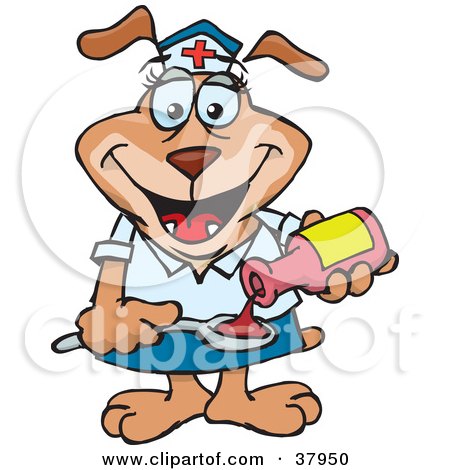 Clipart Illustration of a Friendly Nurse Dog Pouring Medicine Onto A Spoon by Dennis Holmes Designs