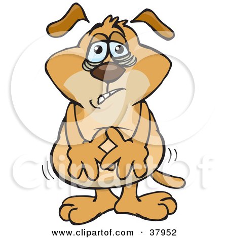 Clipart Illustration of a Sick Brown Dog With Bags Under His Eyes, Holding His Belly While Feeling A Wave Of Nausea by Dennis Holmes Designs