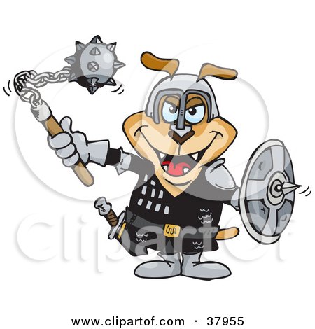 Clipart Illustration of a Tough Medieval Dog Swinging A Mace Ball And Chain And Holding A Shield In Battle by Dennis Holmes Designs