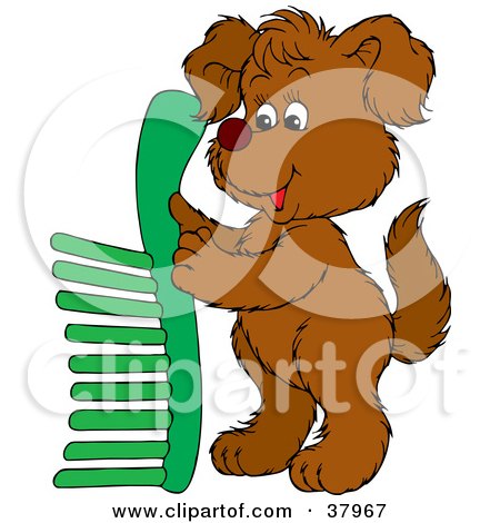 Clipart Illustration of a Brown Dog Holding Up A Green Comb by Alex Bannykh