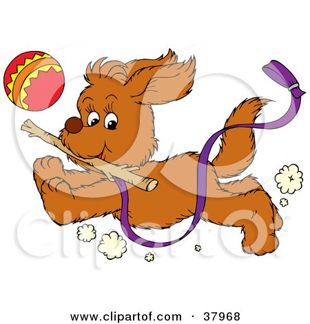 Clipart Illustration of a Dog Chasing A Ball And Running With A Stick by Alex Bannykh