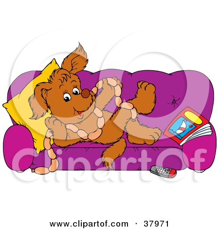 Clipart Illustration of a Spoiled Dog On A Purple Couch, Holding Links Of Sausage by Alex Bannykh