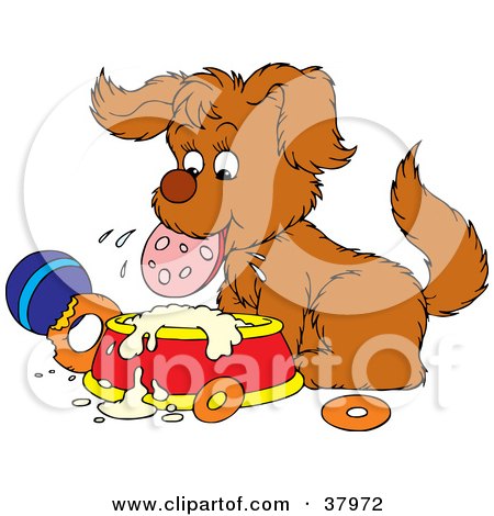 Clipart Illustration of a Dog Chewing On Sausage And Drooling Over A Dish by Alex Bannykh