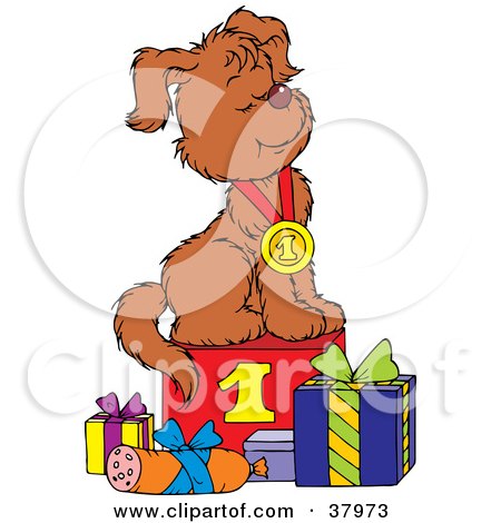 Clipart Illustration of a Successful Dog Wearing A First Place Medal, Seated Proudly Atop A Step With Gifts by Alex Bannykh