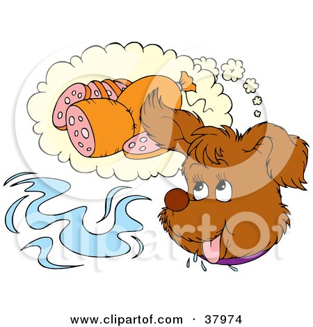 Clipart Illustration of a Dog Daydreaming Of Tasty Sausage by Alex Bannykh