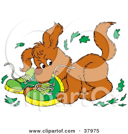 Clipart Illustration of a Bad Puppy Chewing Up Shoes by Alex Bannykh