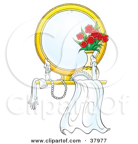 Clipart Illustration of a Bride's Veil, Necklace And Gloves On A Mirror Shelf With Flowers And A Candle by Alex Bannykh