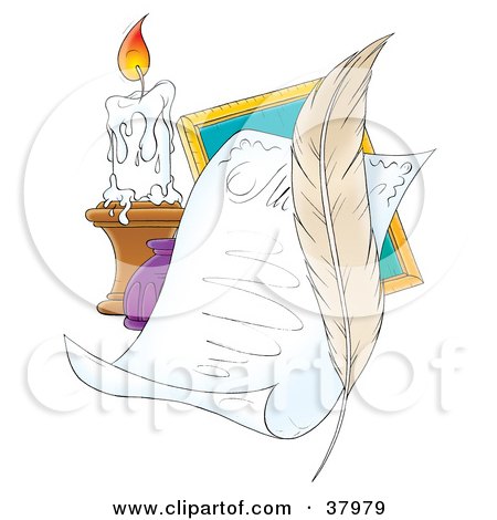 Clipart Illustration of a Feather Quill With A Letter And Candle by Alex Bannykh