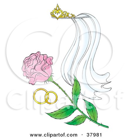 Clipart Illustration of a Tiara, Veil, Wedding Bands And Pink Rose by Alex Bannykh