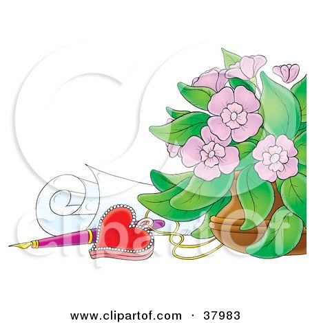 Clipart Illustration of a Vase Of Pink Flowers, Red Heart Pendant, Pen And Rolled Paper by Alex Bannykh