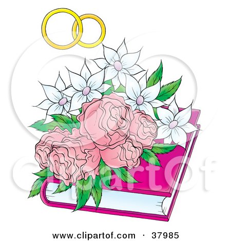 Clipart Illustration of Wedding Bands Over White Flowers And Pink Roses On A Book by Alex Bannykh