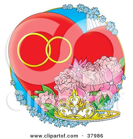 Clipart Illustration of a Tiara With Pink Roses And Blue Flowers With A Heart And Wedding Bands by Alex Bannykh