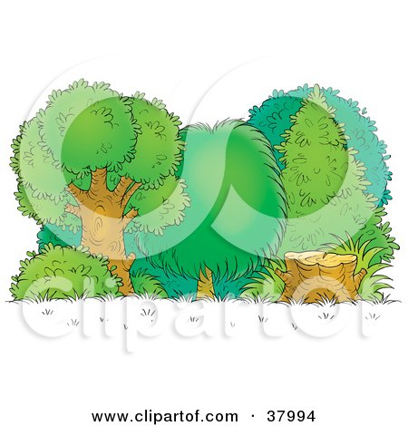 Clipart Illustration of a Tree Stump At The Edge Of A Lush Forest by Alex Bannykh