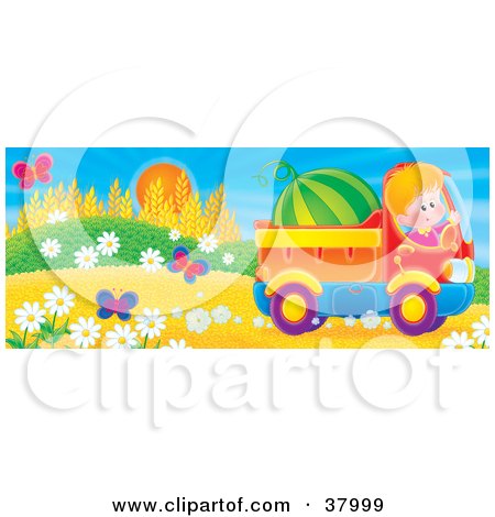 Clipart Illustration of a Friendly Boy Waving While Driving A Watermelon In A Truck By Flowers And Butterflies by Alex Bannykh