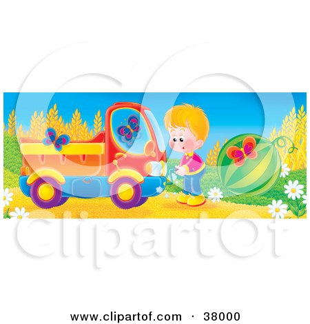 Clipart Illustration of a Boy Cranking Up His Truck As Butterflies Surround Him And A Watermelon by Alex Bannykh