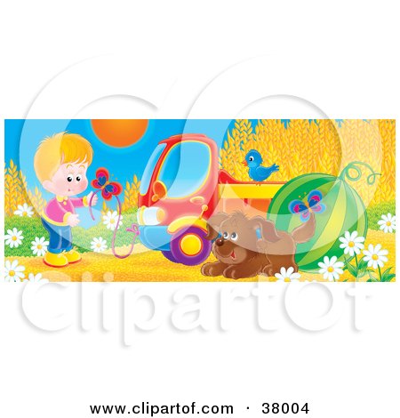 Clipart Illustration of Butterflies Around A Boy, Bluebird And Puppy Beside A Truck And Watermelon At The Edge Of A Wheat Field by Alex Bannykh