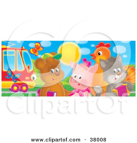 Clipart Illustration of Butterflies Near A Bear, Pig, Chicken And Cat Standing By A Rail Car by Alex Bannykh