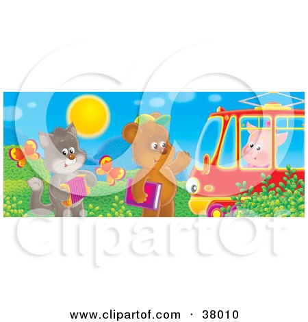 Clipart Illustration of a Cat With An Accordian And Bear With A Book Waving At A Piggy In A Tram Car by Alex Bannykh