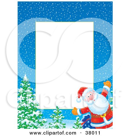 Clipart Illustration of a Christmas Border Of Santa By Trees On A Wintry Night by Alex Bannykh