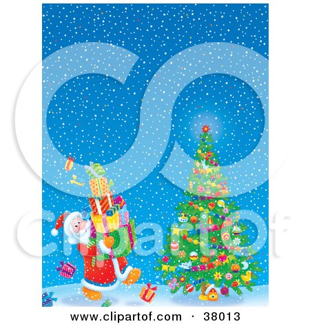 Clipart Illustration of Santa Claus Carrying Gifts To A Christmas Tree On A Snowy Night by Alex Bannykh