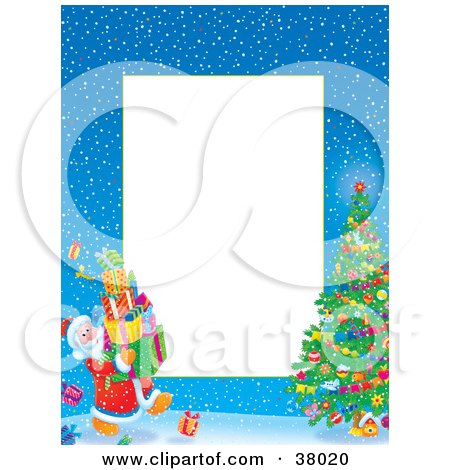 Clipart Illustration of a Border Of Santa Carrying Presents To A Christmas Tree by Alex Bannykh