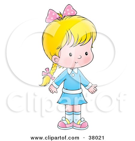 Clipart Illustration of a Blond Caucasian Girl In A Blue Dress, Wearing Her Hair In A Braid by Alex Bannykh