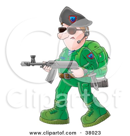 Clipart Illustration of a Soldier In Green, Carrying A Weapon And Wearing A Headset by Alex Bannykh
