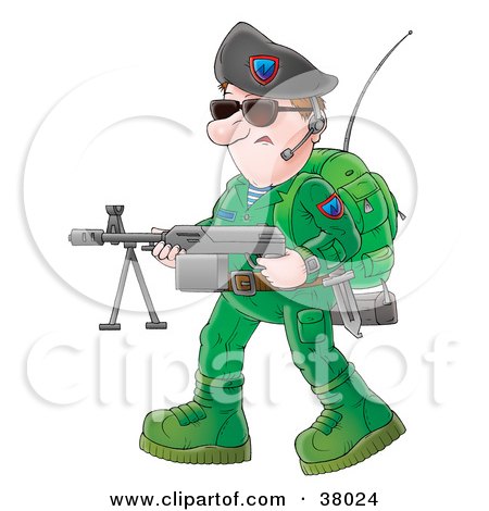 Clipart Illustration of a Soldier In Green With An Antenna On His Back, Carrying A Weapon And Wearing A Headset by Alex Bannykh