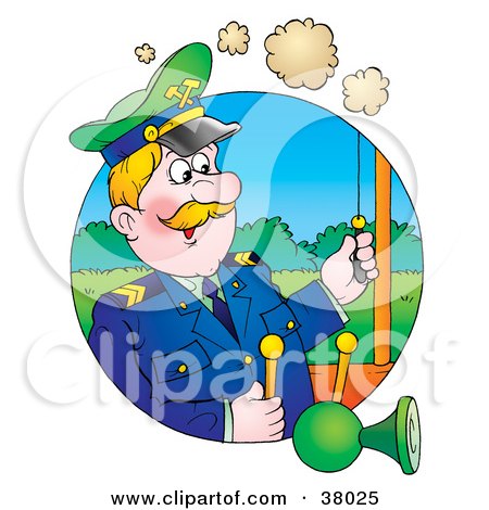 Clipart Illustration of a Man Pulling A Horn While Operating A Train by Alex Bannykh