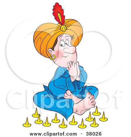 Clipart Illustration of an Arabian Man In Lue, Seated Before Sharp Pins by Alex Bannykh