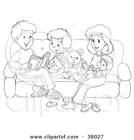 Clipart Illustration of a Black And White Outline Of A Happy Family Reading On A Couch by Alex Bannykh