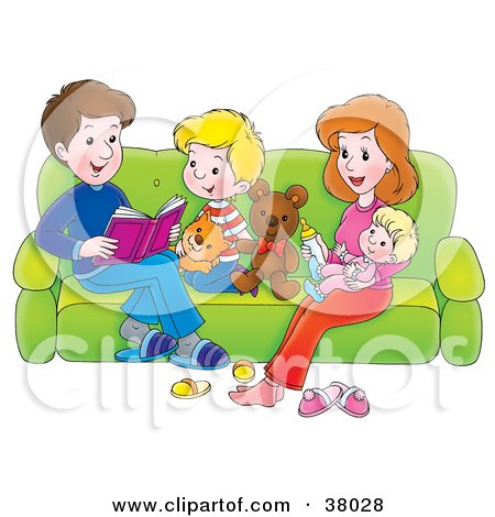 Clipart Illustration of a Happy Family Of Four Reading On A Couch by Alex Bannykh