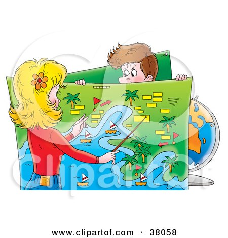 Clipart Illustration of a Man Holding Up A Map While His Travel Agent Or Wife Plans A Vacation by Alex Bannykh