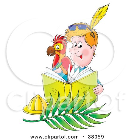 Clipart Illustration of a Man And Parrot Writing In A Journal by Alex Bannykh