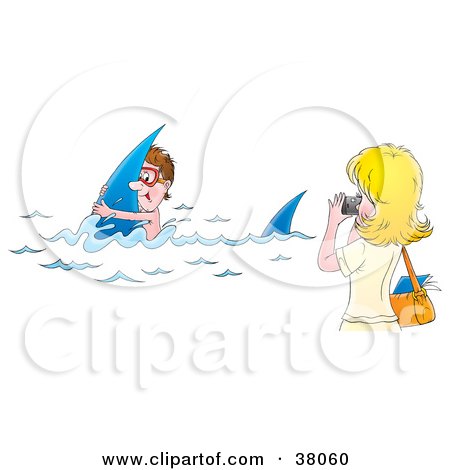 Clipart Illustration of a Woman Taking Pictures Of Her Husband As He Swims With Sharks by Alex Bannykh