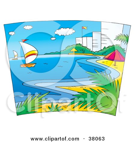 Clipart Illustration of Sailboats And The Beach Near Hotels by Alex Bannykh