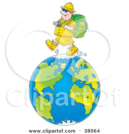 Clipart Illustration of a Happy Male Tourist Trekking On The Globe by Alex Bannykh