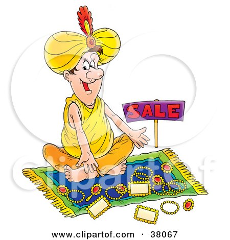 Clipart Illustration of an Arabian Vendor Seated On A Rug With Jewelry by Alex Bannykh