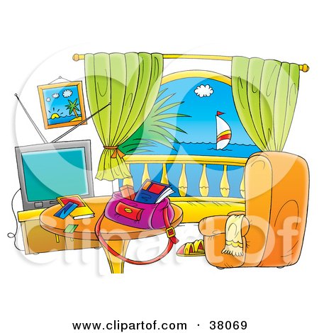 Clipart Illustration of a Hotel Room With A Balcony View Of The Sea by Alex Bannykh