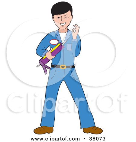 Clipart Illustration of a Friendly Caucasian Man In A Blue Uniform, Holding A Caulking Gun by Maria Bell