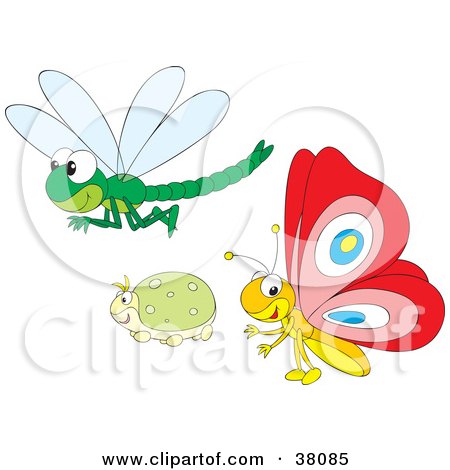 Clipart Illustration of a Dragonfly, Beetle And Butterfly by Alex Bannykh