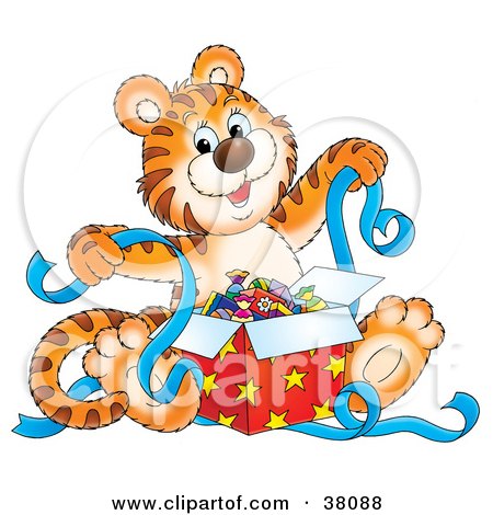 Clipart Illustration of a Happy Tiger Holding Ribbons While Opening Presents by Alex Bannykh