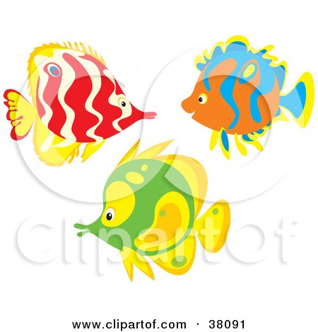 Clipart Illustration of a Group of Red, Orange And Green Fish by Alex Bannykh