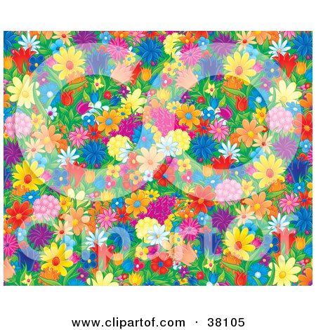 Clipart Illustration of a Background Of Colorful And Crowded Spring Flowers In A Garden by Alex Bannykh