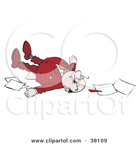 Clipart Illustration of a Businessman Collapsed With Paperwork On The Floor by Alex Bannykh