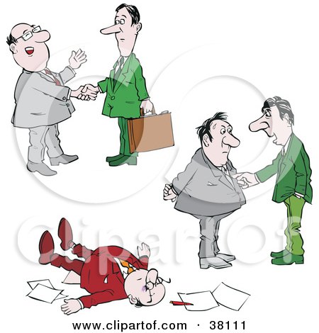 Clipart Illustration of Businessmen Talking, Shaking Hands And Collapsed On The Floor by Alex Bannykh