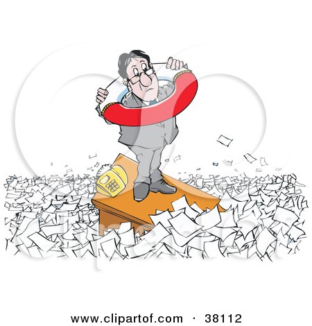Clipart Illustration of a Man Preparing To Drown In Paperwork, Standing On His Desk With A Life Buoy by Alex Bannykh