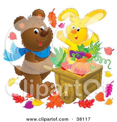 Clipart Illustration of a Happy Rabbit And Bear Pushing A Wheelbarrow Of Harvested Veggies by Alex Bannykh