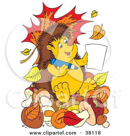 Clipart Illustration of an Artistic Hedgehog Sitting On Mushrooms And Leaves, Coloring by Alex Bannykh